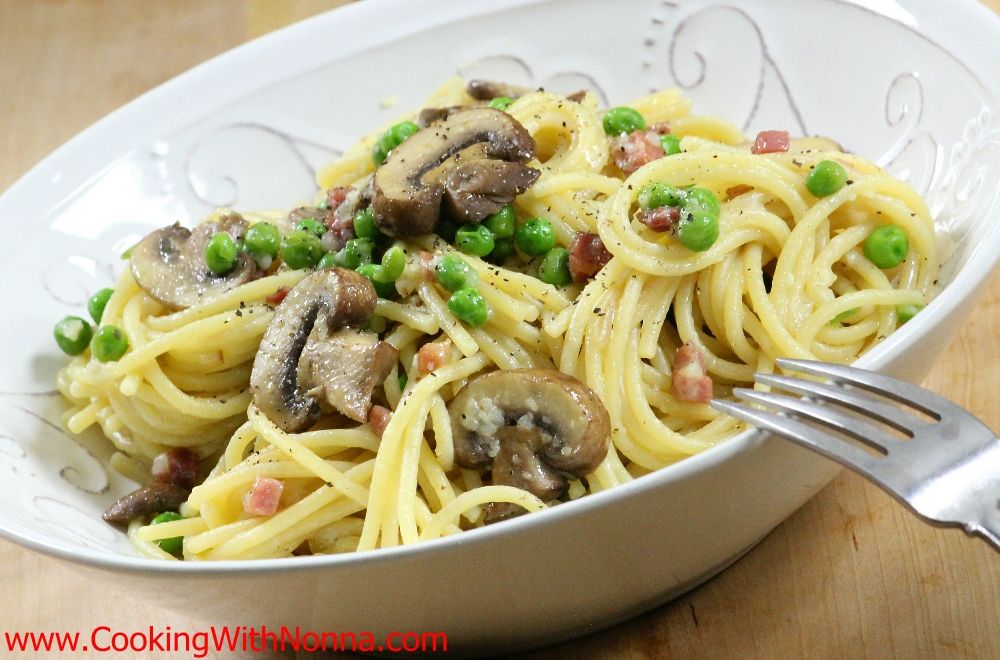 Cooking with Nonna Spaghetti with Peas Prosciutto and Mushrooms The